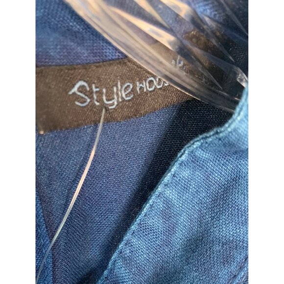 STYLE HOUSE Dark-Wash Chambray High-Neck Tiered Ruffle Sleeve Blouse NWT Large - Picture 3 of 8